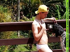 Hungry gay gets fucking dog cock in taut asshole