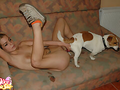 Sexy slut inserts monster dog cock in her pussy